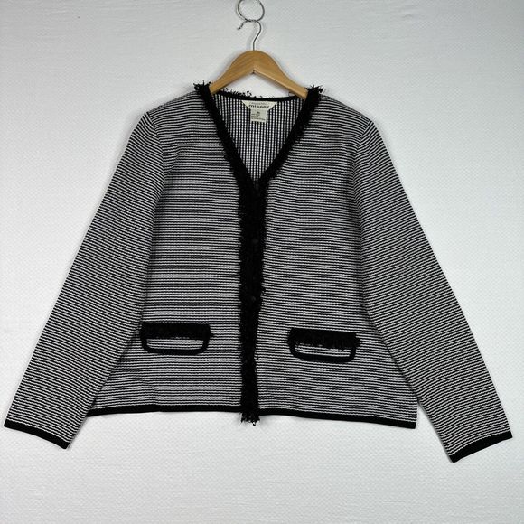 Exclusively Misook Fringe Trim Cardigan Jacket Black White‎ Knit Career Classic - Picture 11 of 11